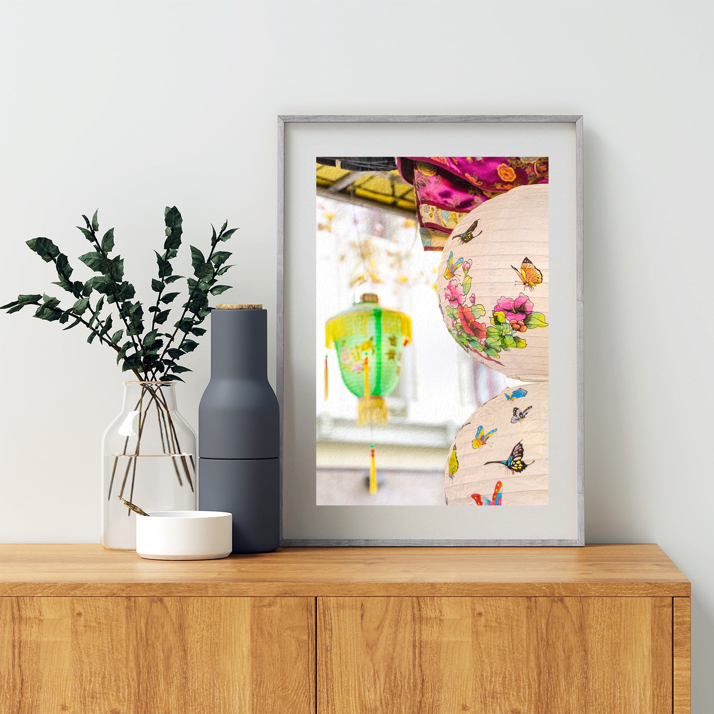 Chinese Lantern Framed Print San Francisco Chinatown with Oriental Butterfly