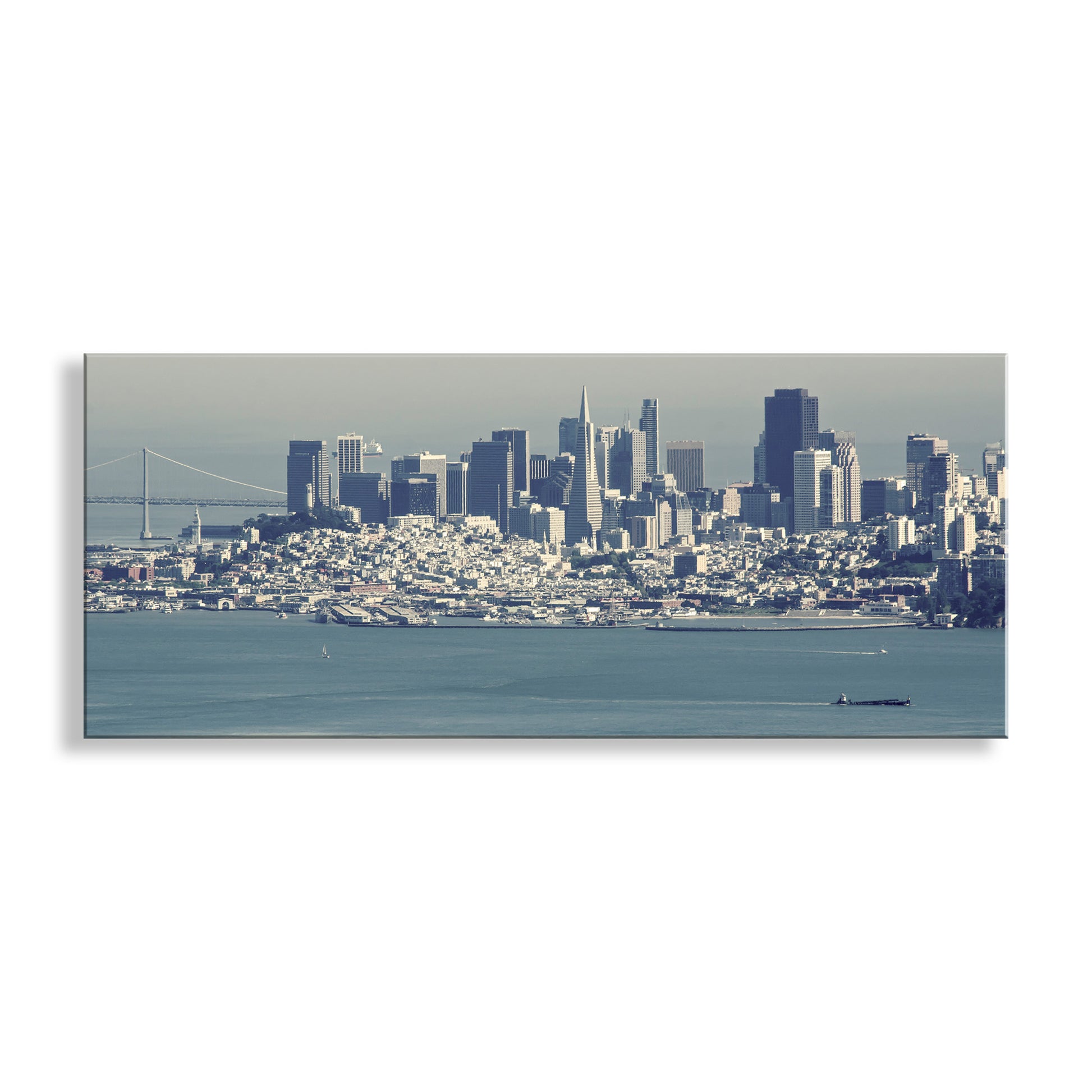 Panoramic view of a city skyline with a body of water in the foreground. My dramatic cityscape of San Francisco, California from the Bay Bridge to the Presidio (before Salesforce)! Original, unique signed art by Murray Bolesta.