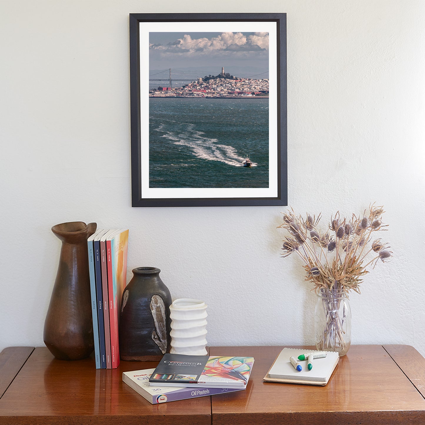 Bay Area Scenery with Coit Tower and Boats Art Print