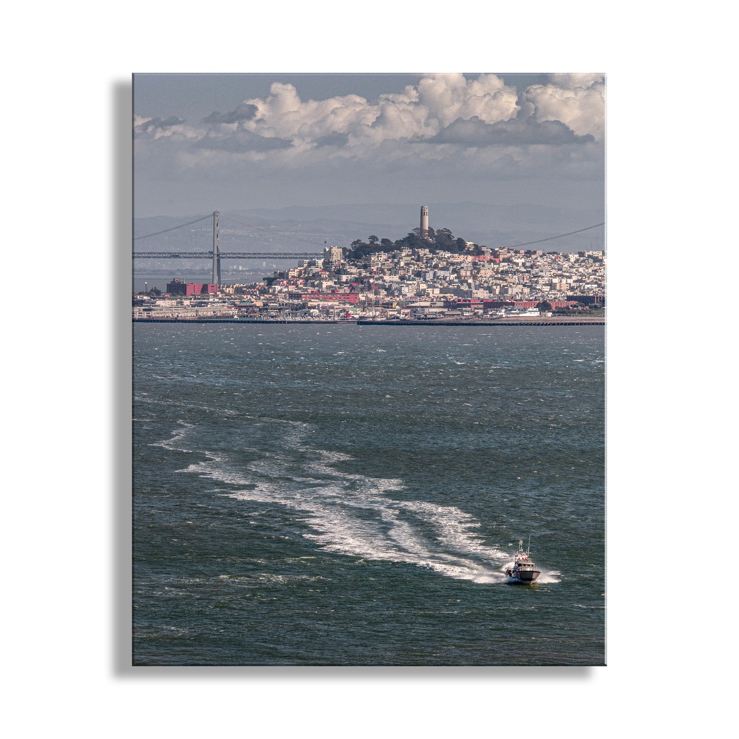 My dynamic scene of a speeding police boat on San Francisco Bay, California, with iconic Coit Tower and mighty Bay Bridge beyond! Original, unique signed art by Murray Bolesta.