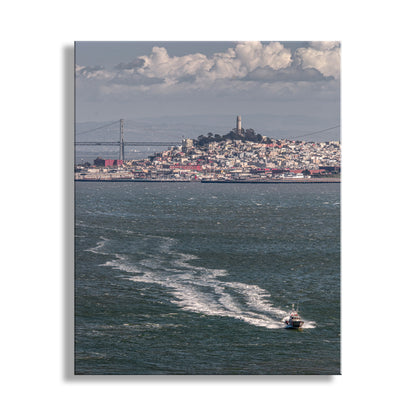 My dynamic scene of a speeding police boat on San Francisco Bay, California, with iconic Coit Tower and mighty Bay Bridge beyond! Original, unique signed art by Murray Bolesta.