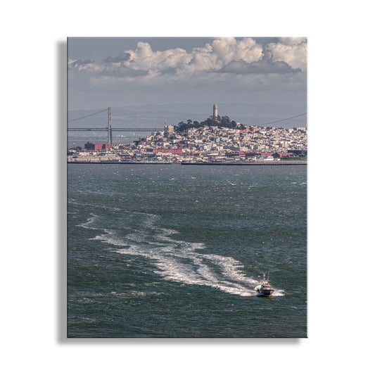 My dynamic scene of a speeding police boat on San Francisco Bay, California, with iconic Coit Tower and mighty Bay Bridge beyond! Original, unique signed art by Murray Bolesta.