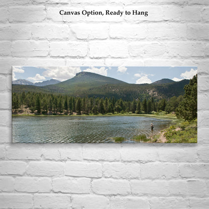 Colorado Rocky Mountain Lake Landscape Art Panorama Print with Angler