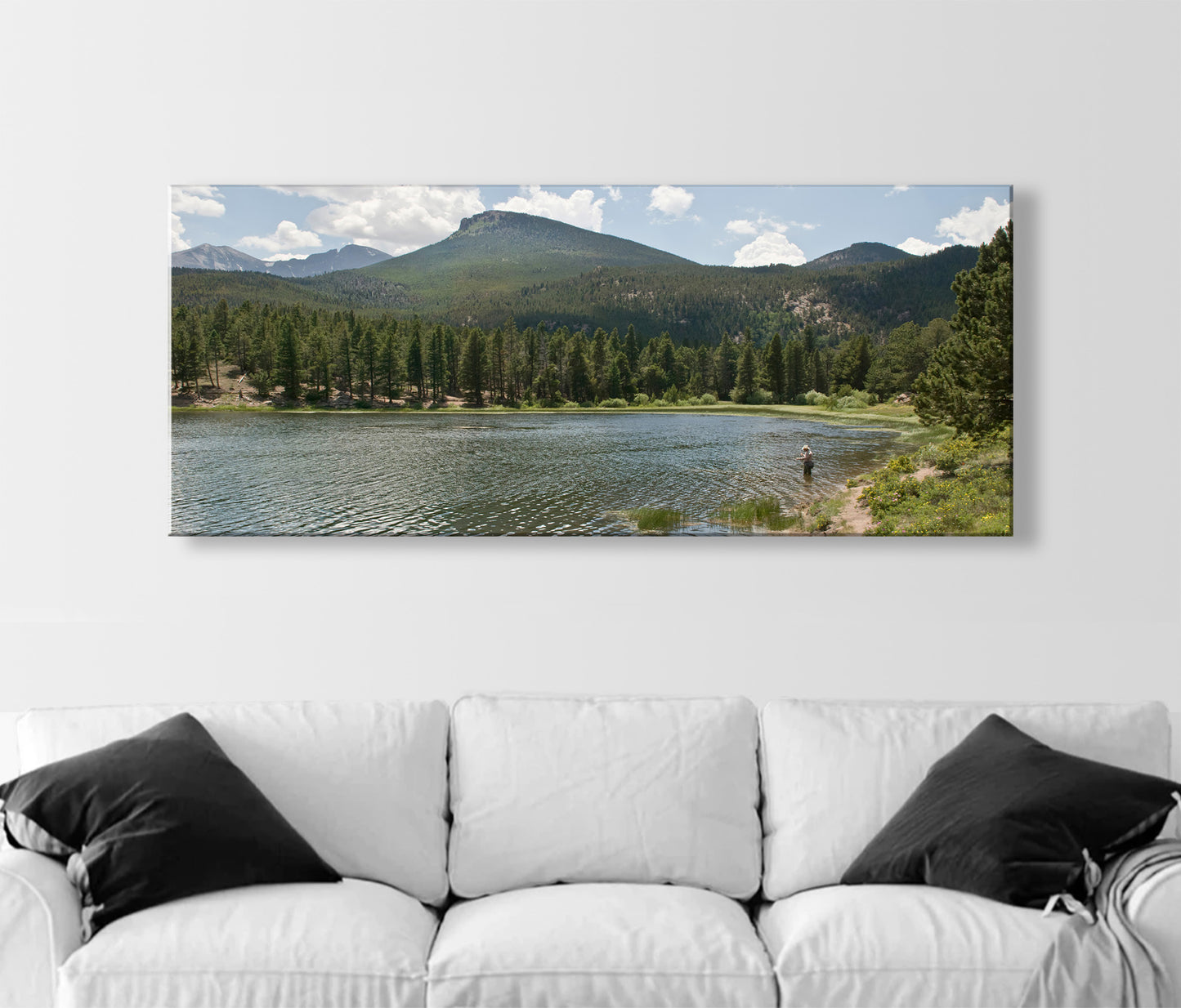 Colorado Rocky Mountain Lake Landscape Art Panorama Print with Angler