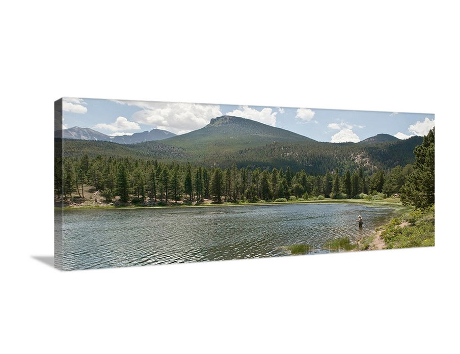 Colorado Rocky Mountain Lake Landscape Art Panorama Print with Angler