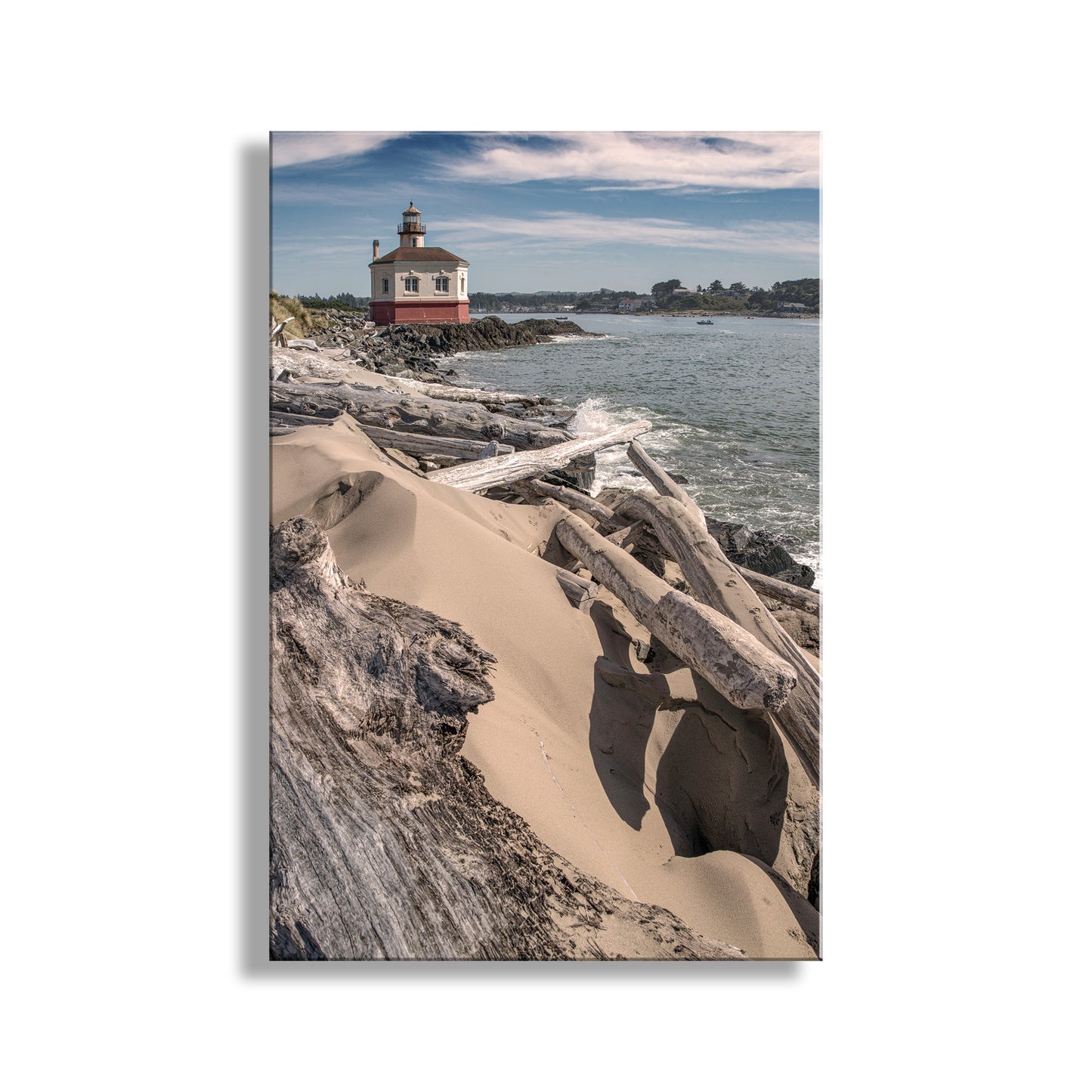Charming Coquille River Lighthouse at Bandon Oregon, built in 1891! This is Bullards Beach State Park on one of the loveliest sections of the magnificent Oregon seacoast. Original, unique signed art by Murray Bolesta!