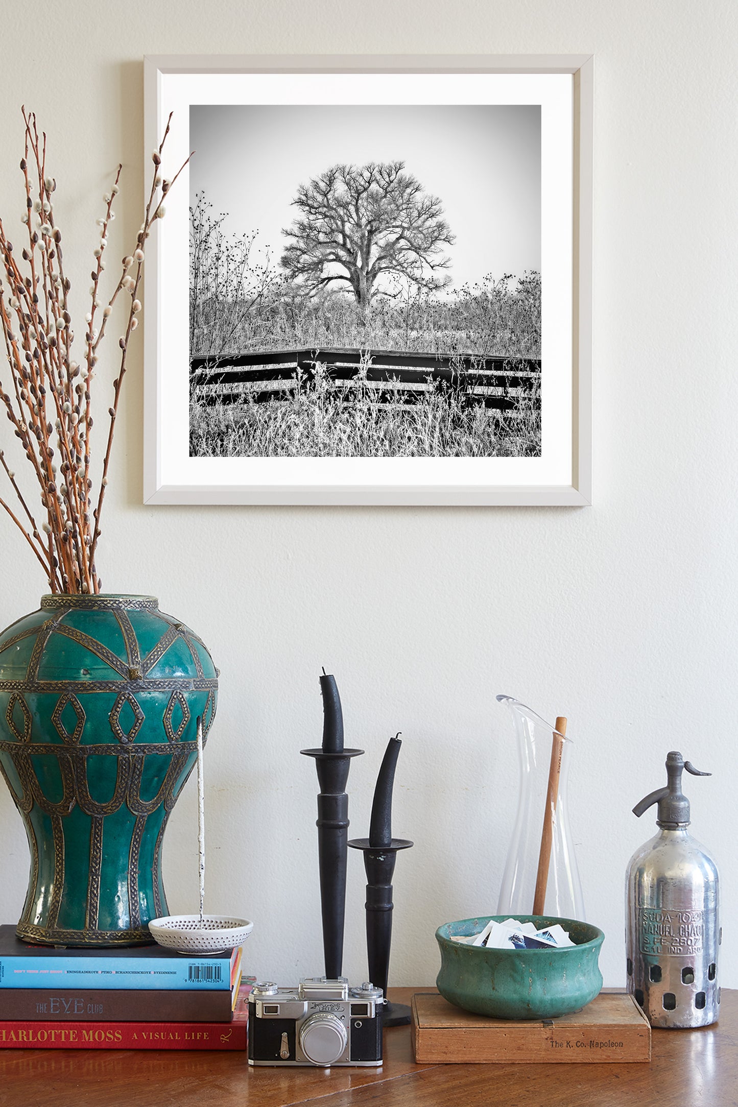 Cottonwood Tree in Frosty Winter Landscape Black White Artwork