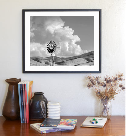 Black & White Ranch Windmill Photograph as Western Style Wall Art