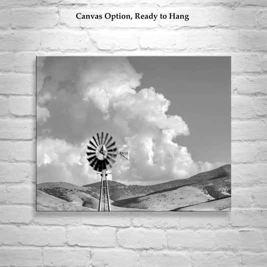 Black & White Ranch Windmill Photograph as Western Style Wall Art
