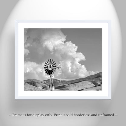 Black & White Ranch Windmill Photograph as Western Style Wall Art