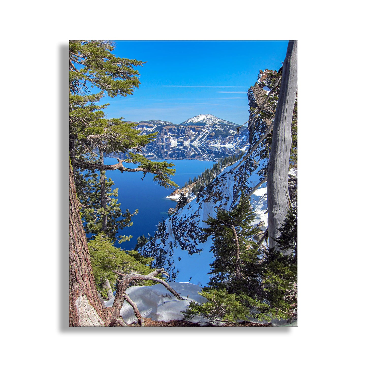 Mountain lake surrounded by snow-covered mountains and trees on a clear day. Beautiful Oregon! My vertical picture of Crater Lake, Oregon, in all its wintertime splendor. This alpine lake is the result a colossal explosion in which Mount Mazama lost its head in a fit of pique. Since it happened only 7 or 8 thousand years ago, Native Americans actually witnessed the cataclysm which eventually provided a deep repository for a whole lot of very pure water! Original, unique signed art by Murray Bolesta.