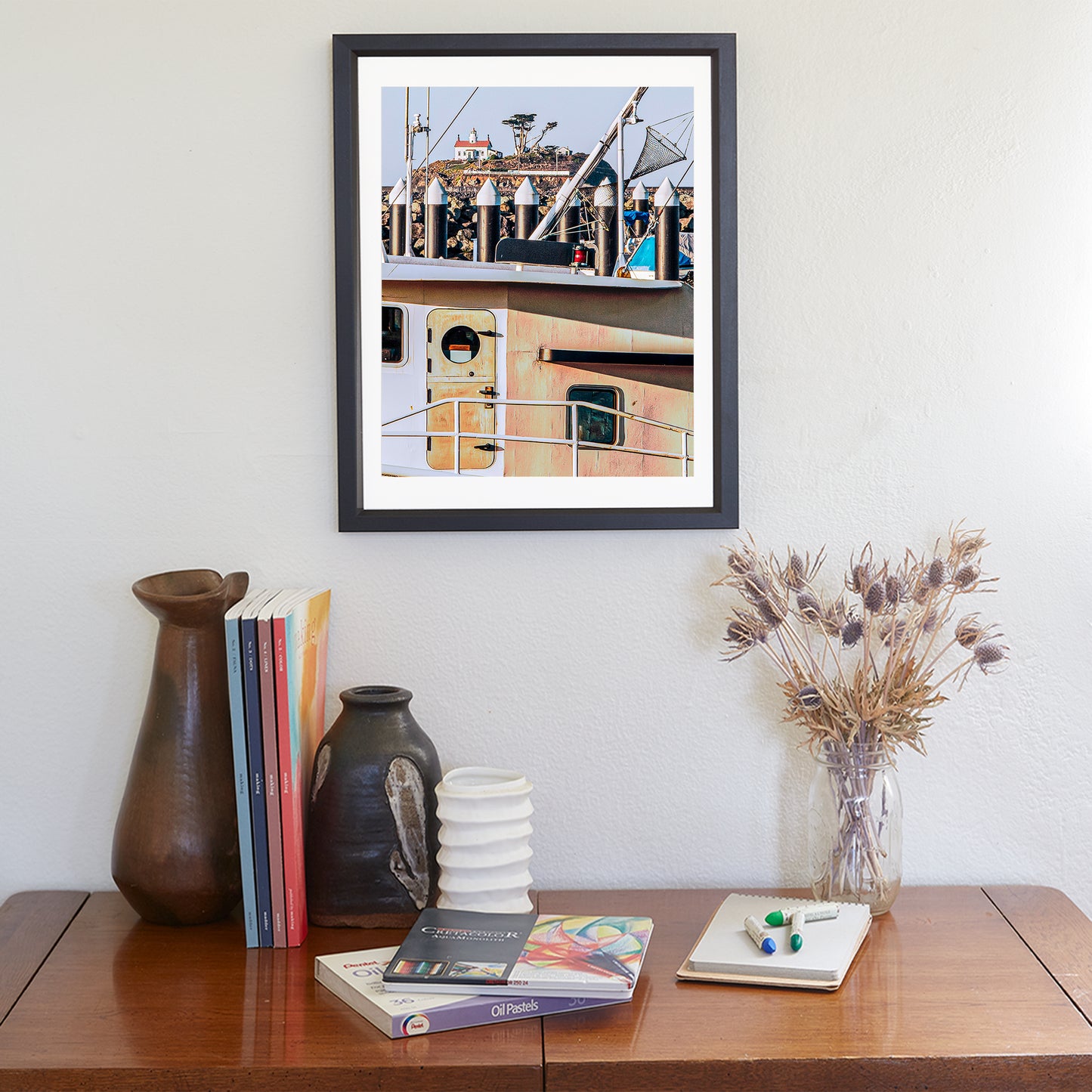 Crescent City Harbor Art Print | Fishing Trawler & Battery Point Lighthouse