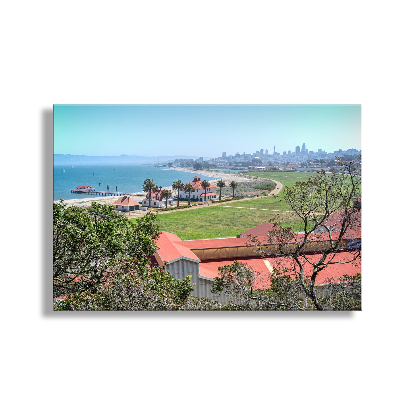 Red roofs overlooking a body of water and city skyline. Presidio Crissy Field San Francisco Landscape Art Print on Framed Canvas