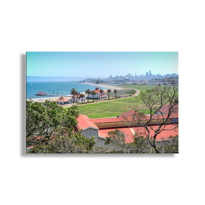 Red roofs overlooking a body of water and city skyline. Presidio Crissy Field San Francisco Landscape Art Print on Framed Canvas