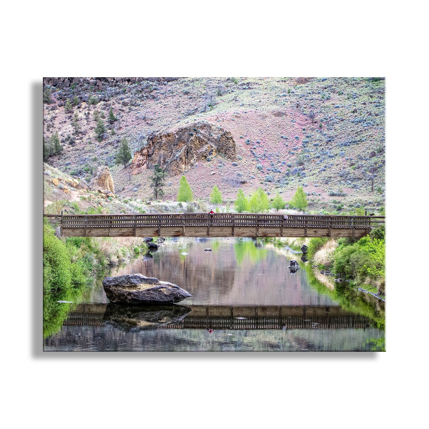 Bridge over a calm river with mountains in the background. Crooked River Smith Rock State Park Oregon Landscape Art Print