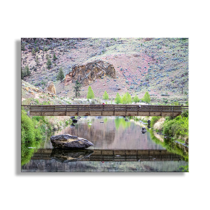 Bridge over a calm river with mountains in the background. Crooked River Smith Rock State Park Oregon Landscape Art Print