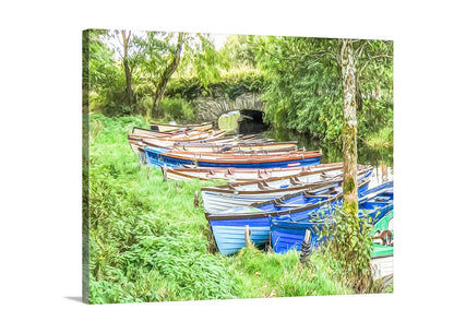 Row of boats on a riverbank with greenery. England Lake District Art Print with Vintage Wooden Boats