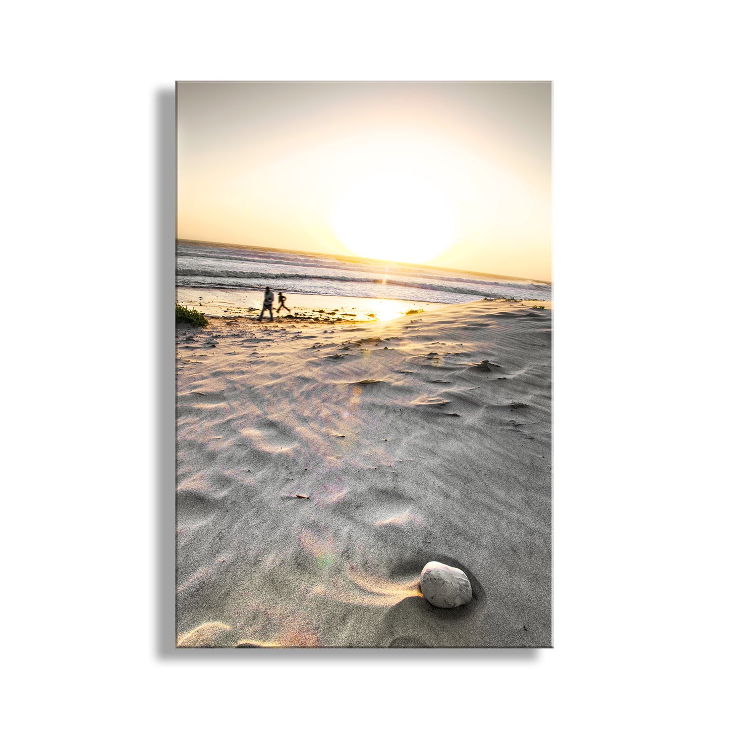 Beach scene with sunset and people walking along the shore. My terrific beach scene with a dad and his son! Here, a brisk sea breeze shapes the Jalama Beach sand on the California coast. Original, unique art by Murray Bolesta!