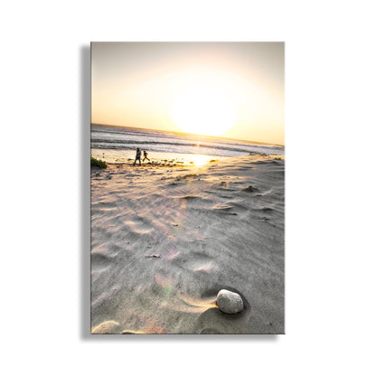 Beach scene with sunset and people walking along the shore. My terrific beach scene with a dad and his son! Here, a brisk sea breeze shapes the Jalama Beach sand on the California coast. Original, unique art by Murray Bolesta!