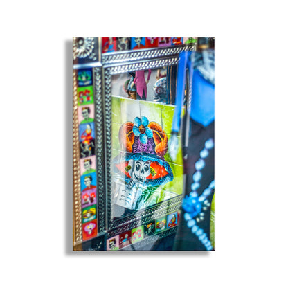 Decorative photo album with colorful cover featuring a skeleton design. Day of the Dead Abstract Wall Decor | Dia de Los Muertos | Tucson Arizona