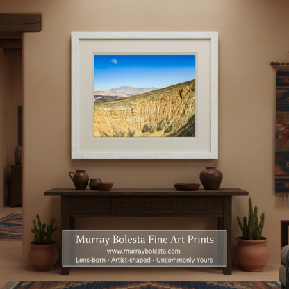 Desert landscape with a large crater and mountains in the background, Death Valley National Park Desert Landscape Art with Ubehebe Crater by Murray Bolesta