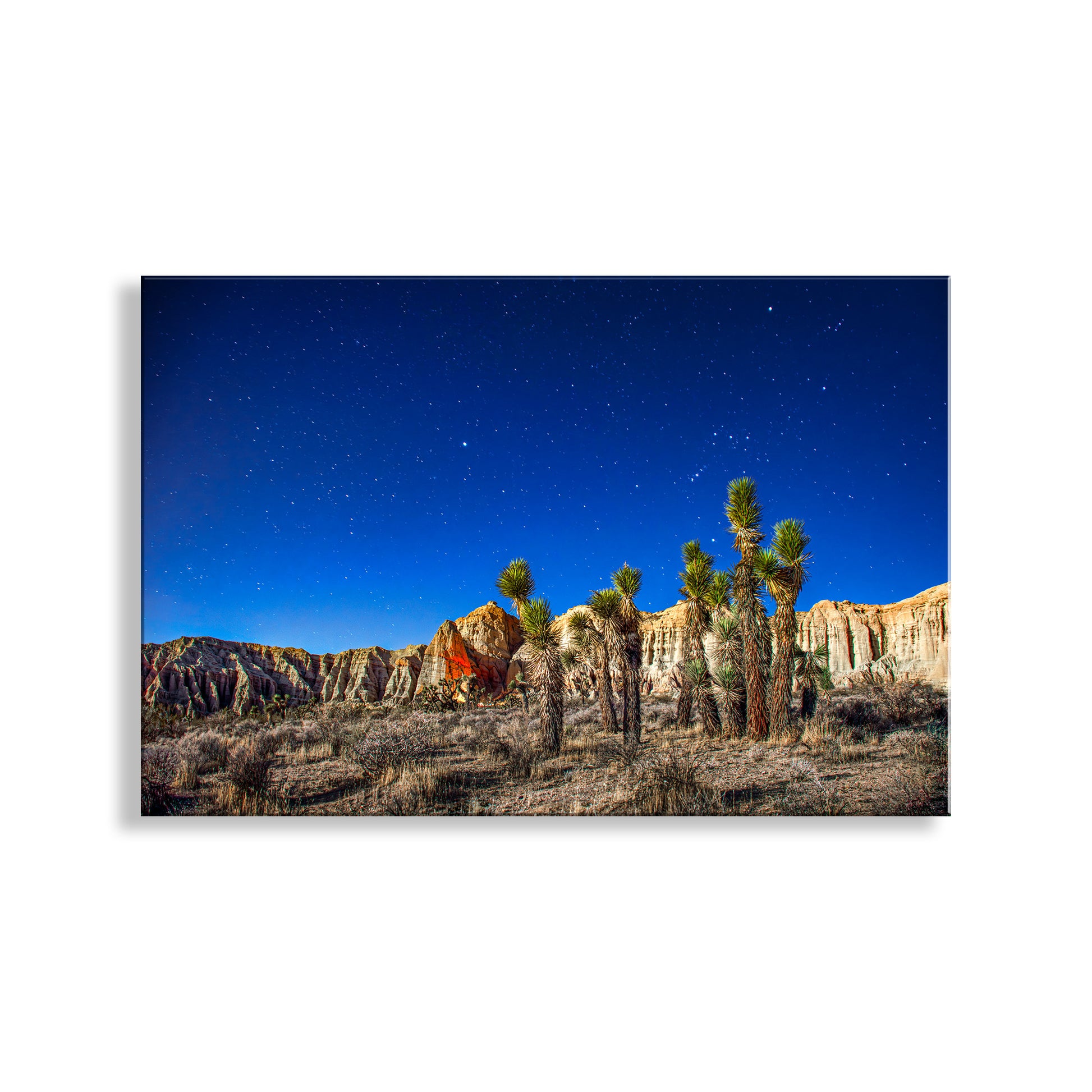 A desert landscape with palm trees and rocky formations under a starry night sky. Mojave Desert Night Art - Joshua Tree Starry Sky Landscape Print