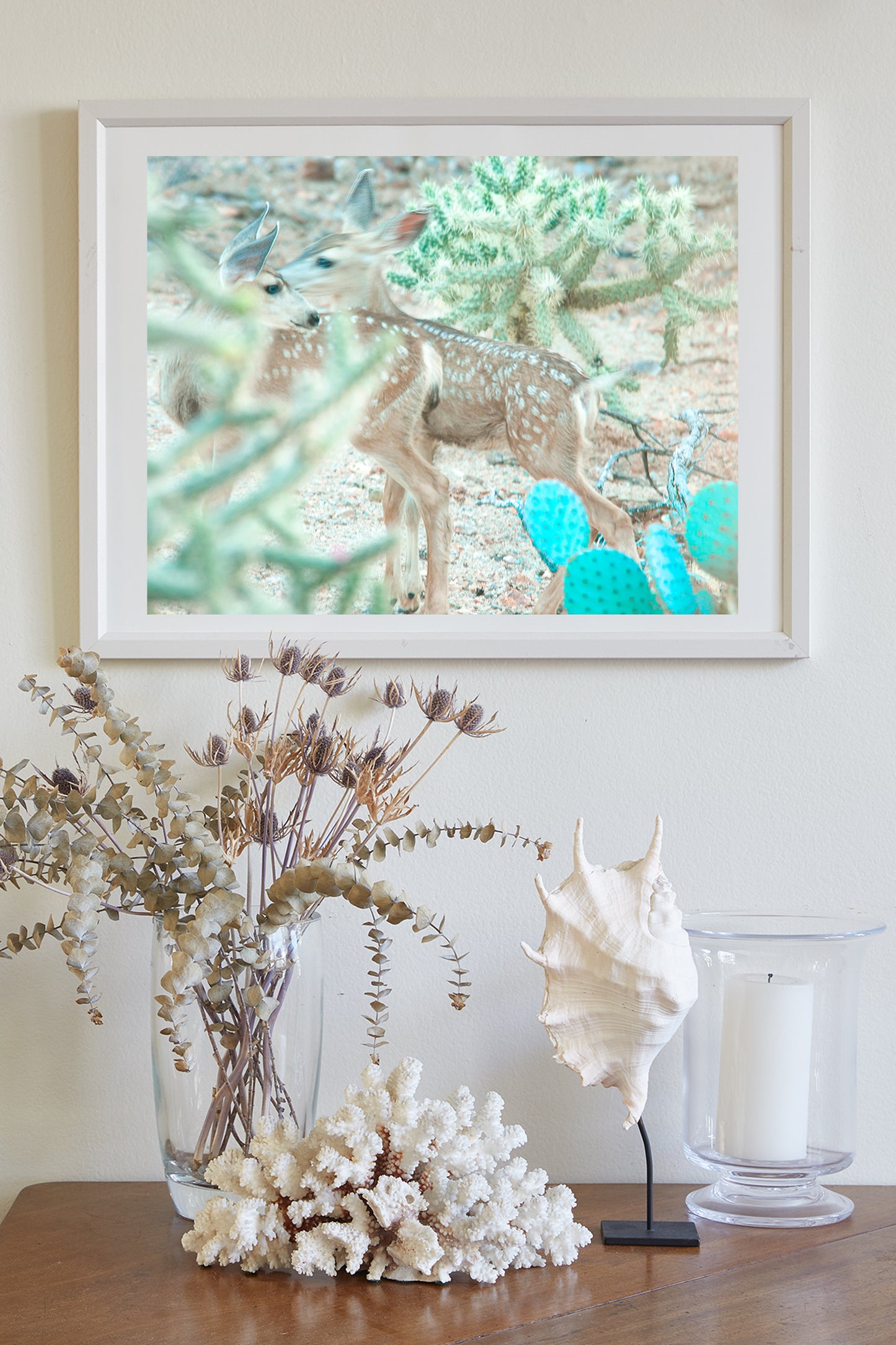 Desert Wildlife Print with Cute Deer Fawns and Arizona Cactus
