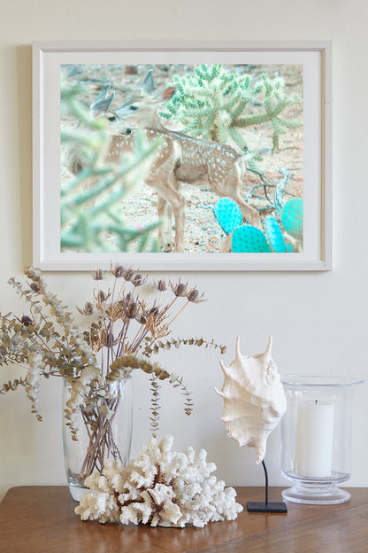 Desert Wildlife Print with Cute Deer Fawns and Arizona Cactus