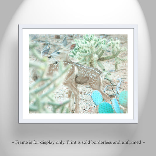 Desert Wildlife Print with Cute Deer Fawns and Arizona Cactus