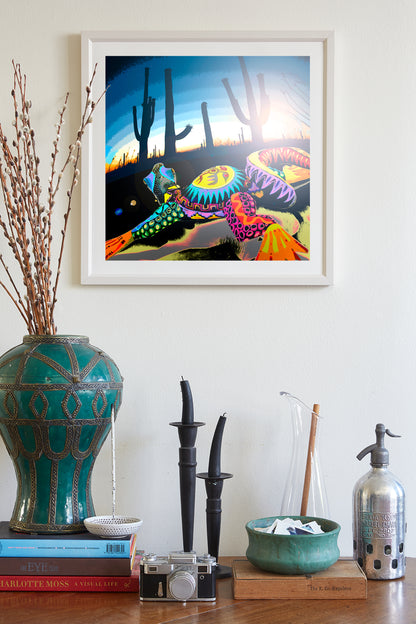 Lizard & Cactus Sunset Print | Sonoran Desert Abstract Art