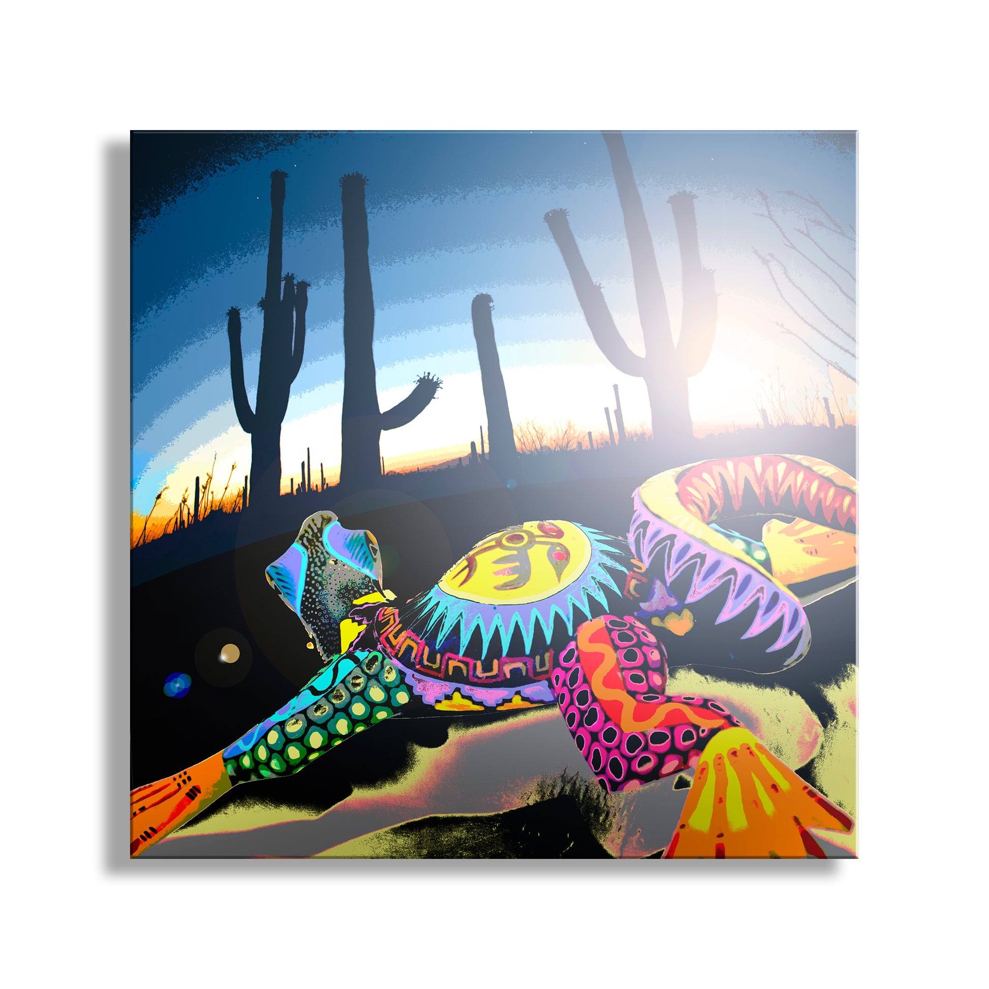 Colorful lizard painting with a desert landscape background. Tucson Arizona Desert Art Print – Abstract Lizard and Cactus Sunset in the Sonoran Desert for Unique Wall Art in Oaxacan Style Square Format