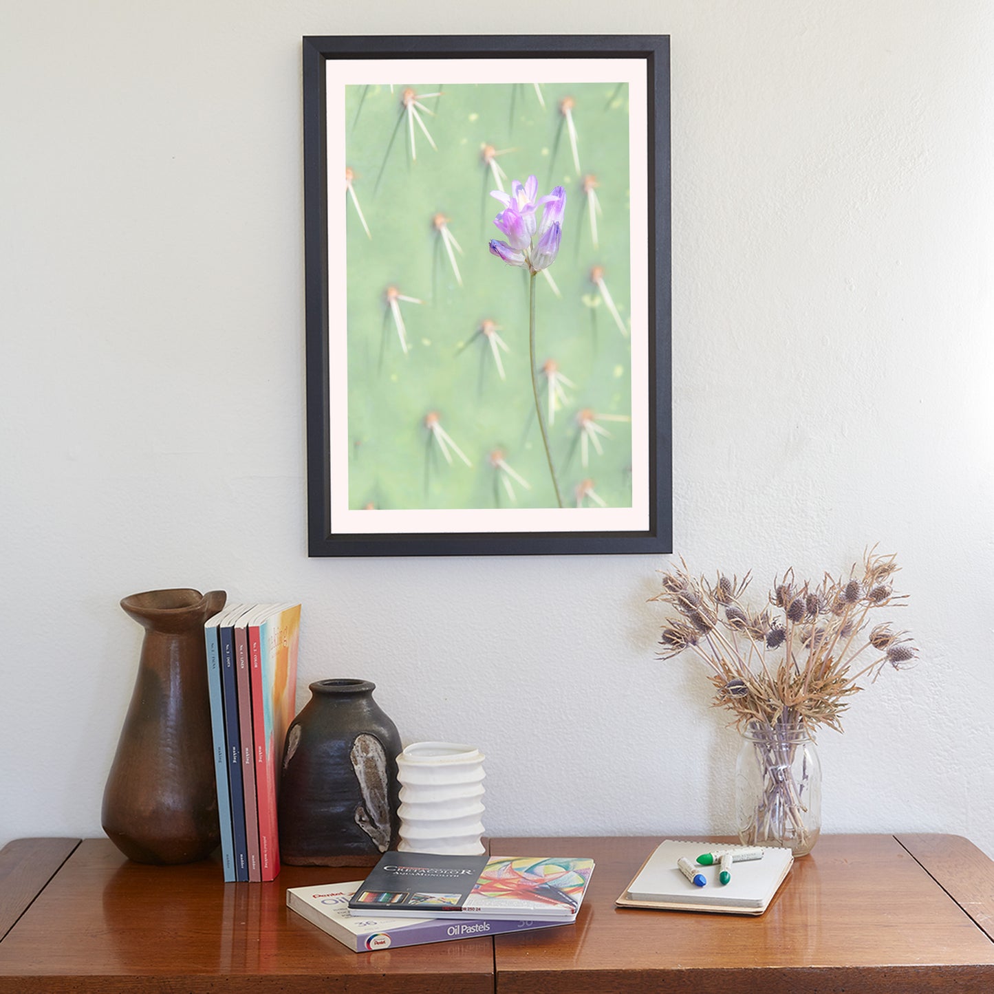 Pale Green Prickly Pear Cactus Art Print with Dainty Desert Flower