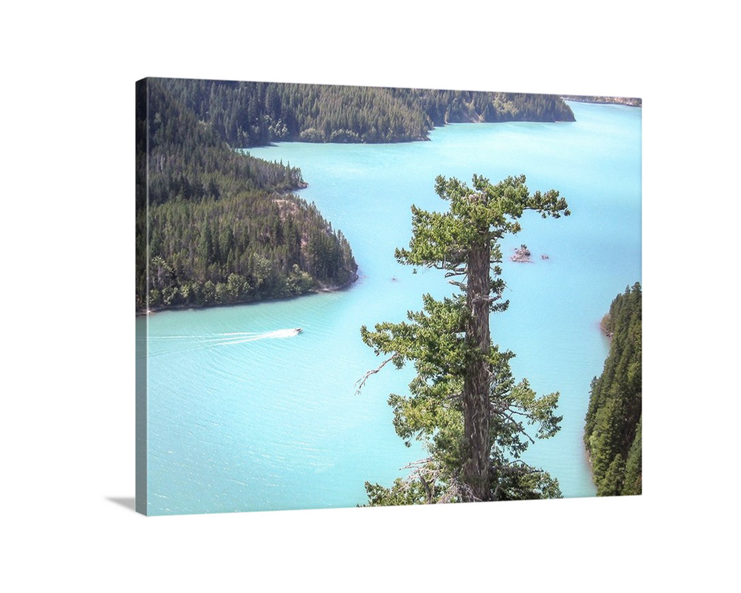 Lake with trees and a boat, framed as a canvas print. Cascade Mountains & Diablo Lake Photo – Pacific Northwest Landscape with Glacial Silt | Washington State Wall Art Décor