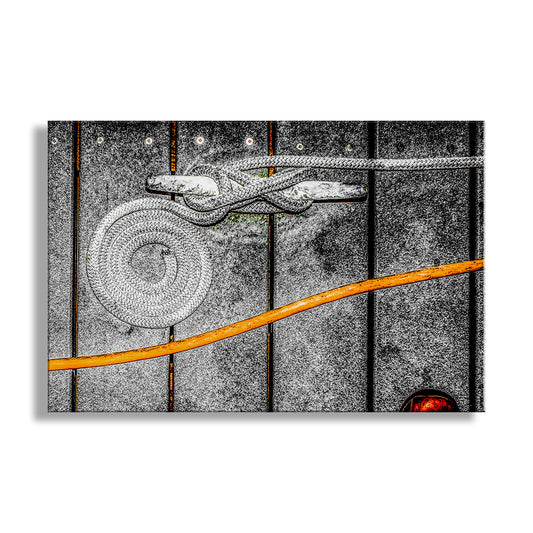 Close-up of a rope tied to a metal gate with a white background. Surreal Nautical Art Print with San Diego California Marina Mooring Line and cleat