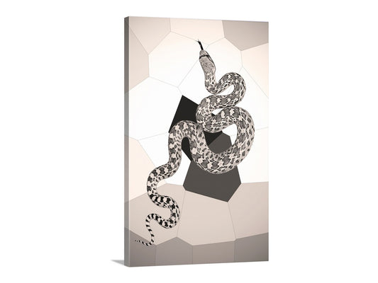 Canvas print with a stylized snake design on a geometric background. My cute reptile art for your walls: those who speak with forked tongue will have their picture taken! This is a common gopher snake captured on camera by me in the Mexico-Arizona borderlands.&nbsp; Original, unique signed art by Murray Bolesta.