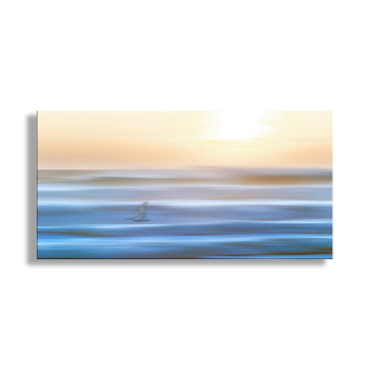 Abstract artwork with a gradient of blue and orange colors on a white background. Abstract Ocean Sunset with Waves Art Print – Colorful California Coastal Framed Canvas Wall Art for Relaxed Beach Vibes