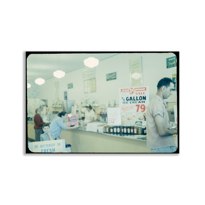 Vintage-style photo of a diner interior with customers and a counter. Vintage Drug Store Soda Fountain Photo in Pittsburgh Pennsylvania