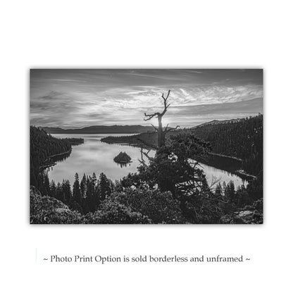 Black and White Lake Tahoe Landscape Photography Art Print with Emerald Bay | Sierra Nevada Mountains Wall Art for Home or Office