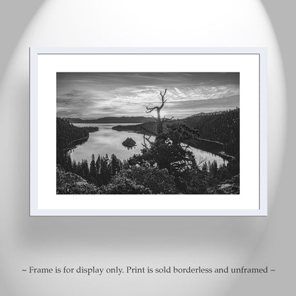 Black and White Lake Tahoe Landscape Photography Art Print with Emerald Bay | Sierra Nevada Mountains Wall Art for Home or Office