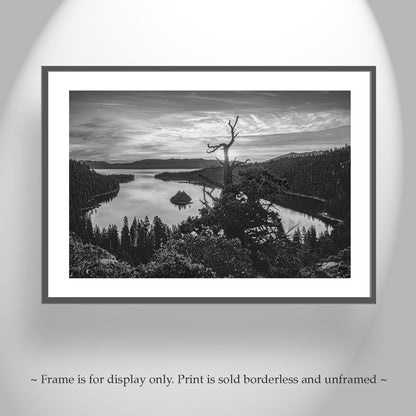 Black and White Lake Tahoe Landscape Photography Art Print with Emerald Bay | Sierra Nevada Mountains Wall Art for Home or Office