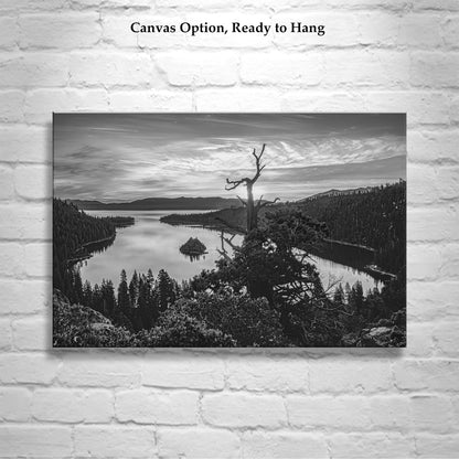 Black and White Lake Tahoe Landscape Photography Art Print with Emerald Bay | Sierra Nevada Mountains Wall Art for Home or Office