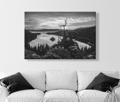 Black and White Lake Tahoe Landscape Photography Art Print with Emerald Bay | Sierra Nevada Mountains Wall Art for Home or Office