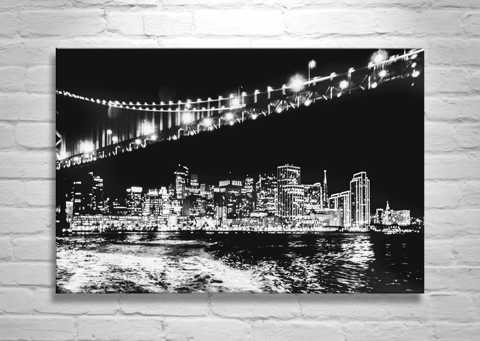 San Francisco Bay Bridge at Night Art Print in Black and White