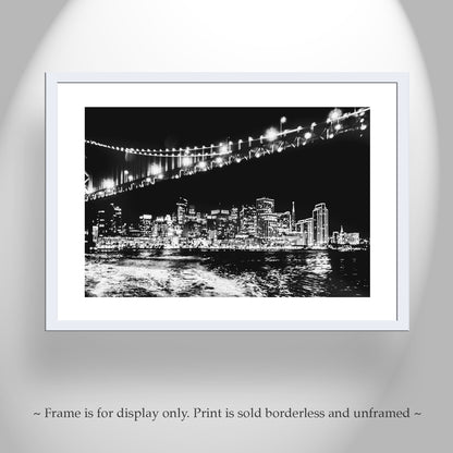 San Francisco Bay Bridge at Night Art Print in Black and White