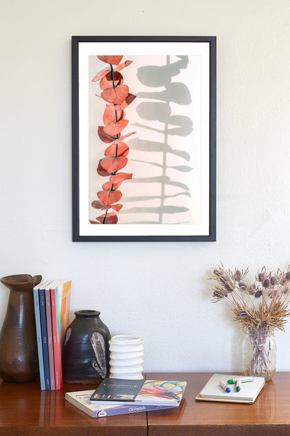 Minimalist Botanical Art in Red and White with Eucalyptus Leaves