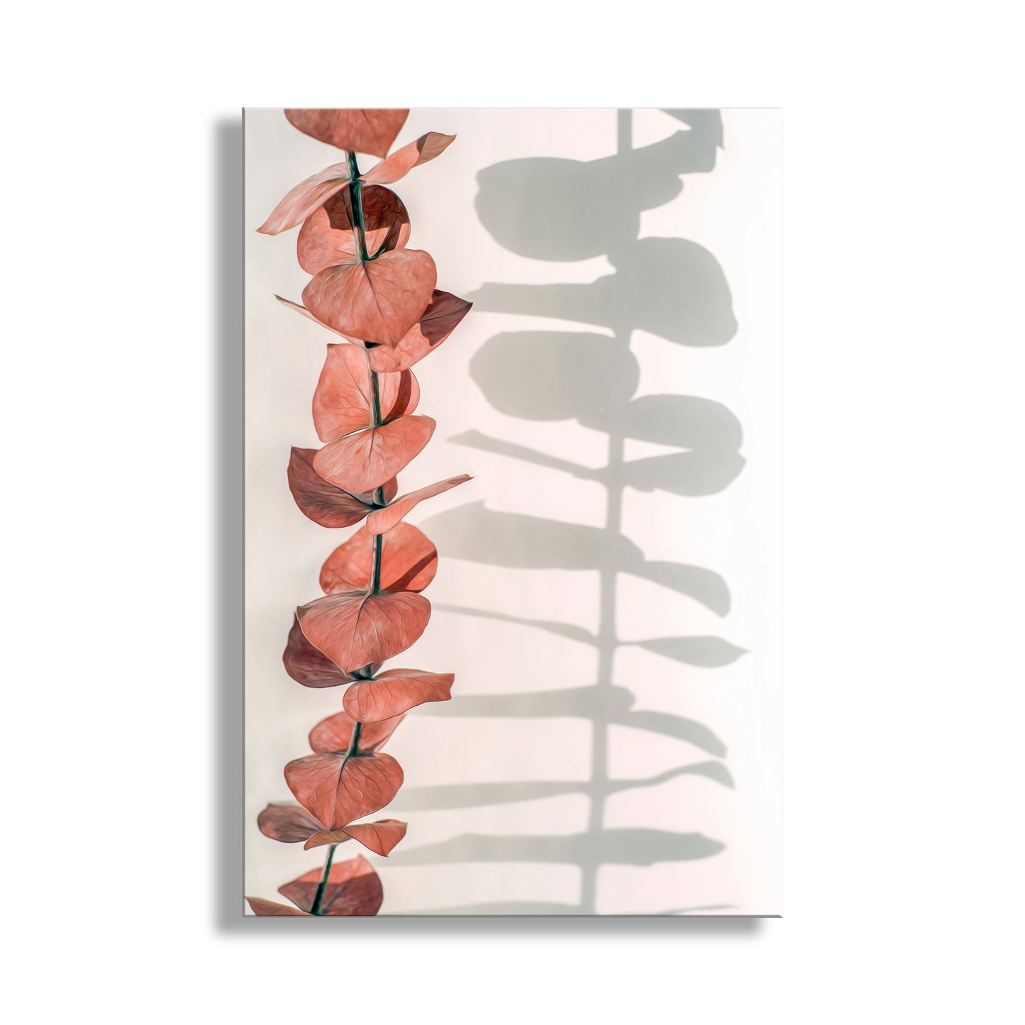 Canvas print with a vertical arrangement of pink leaves on a white background. Minimalist Botanical Art in Red and White with Eucalyptus Leaves