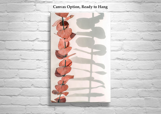 Minimalist Botanical Art in Red and White with Eucalyptus Leaves