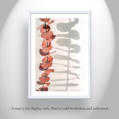 Minimalist Botanical Art in Red and White with Eucalyptus Leaves