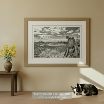 A black and white photograph depicting a rocky outcropping with a cactus plant, set against a backdrop of distant mountains and a cloudy sky. Desert Sepia Landscape Art | Tucson Arizona Saguaro Cactus Print by Murray Bolesta