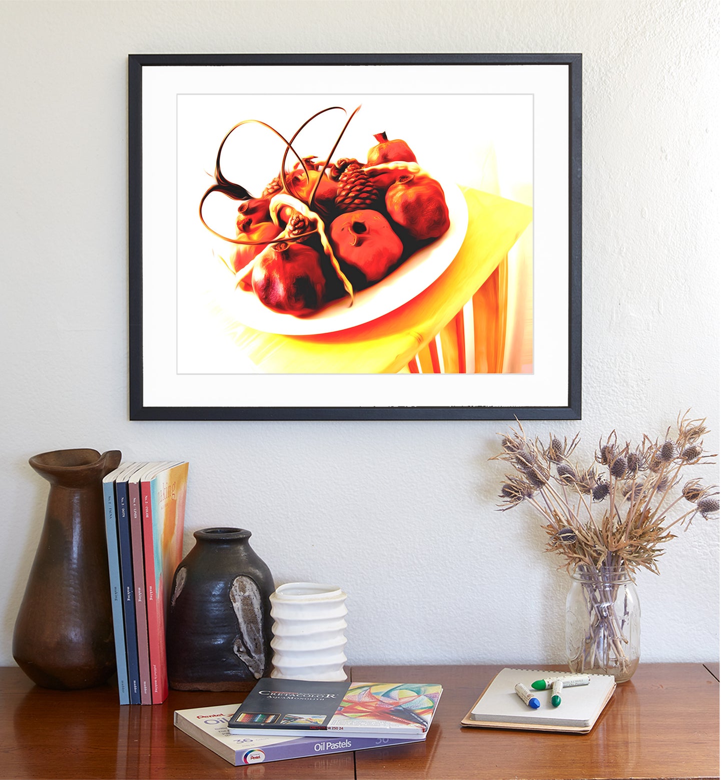 Southwest Style Still Life Art Print with Fruit & Found Objects